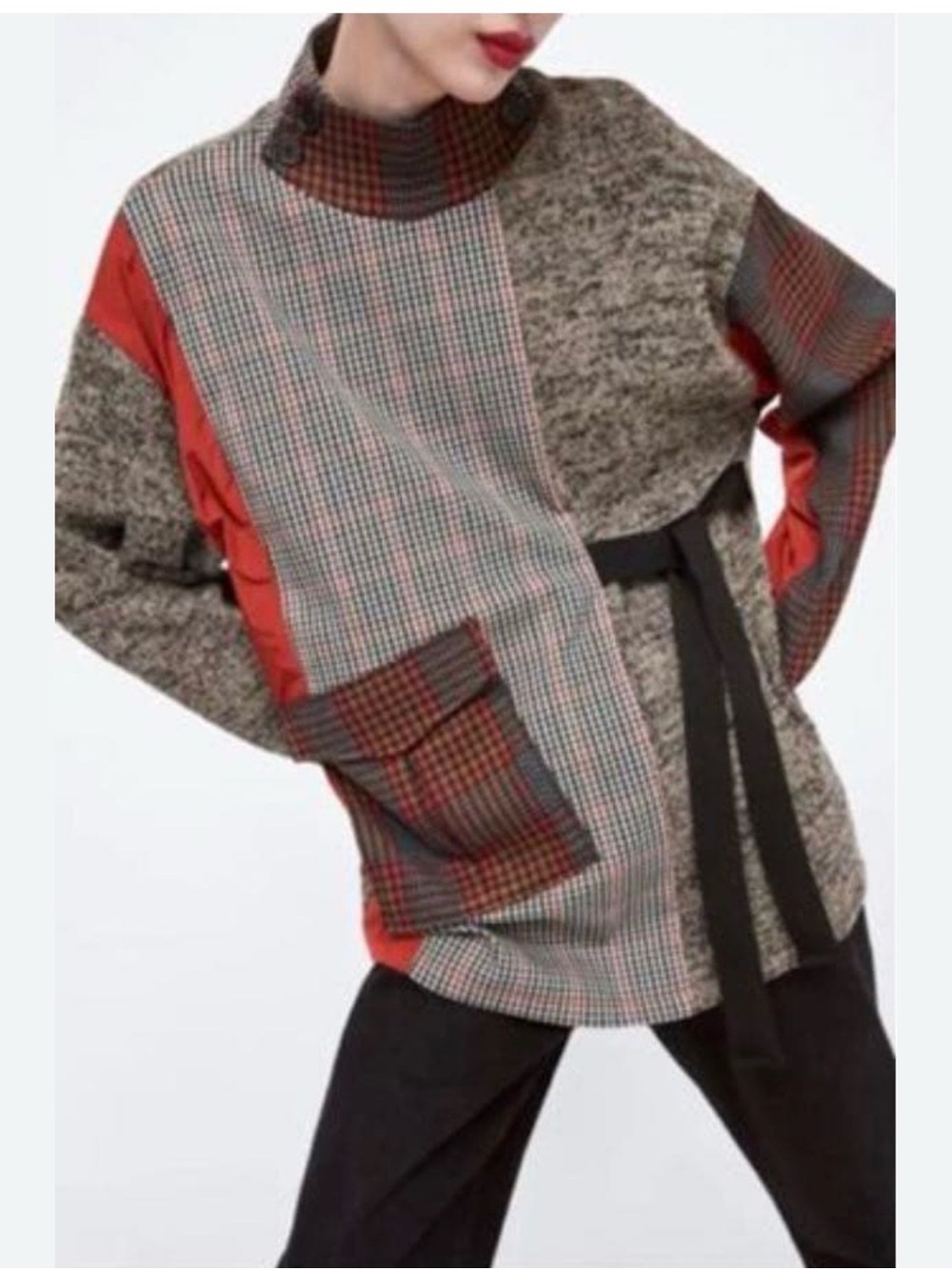 Zara Plaid Asymmetrical Tunic Sweater in Black , Brick Red and Grey Size medium